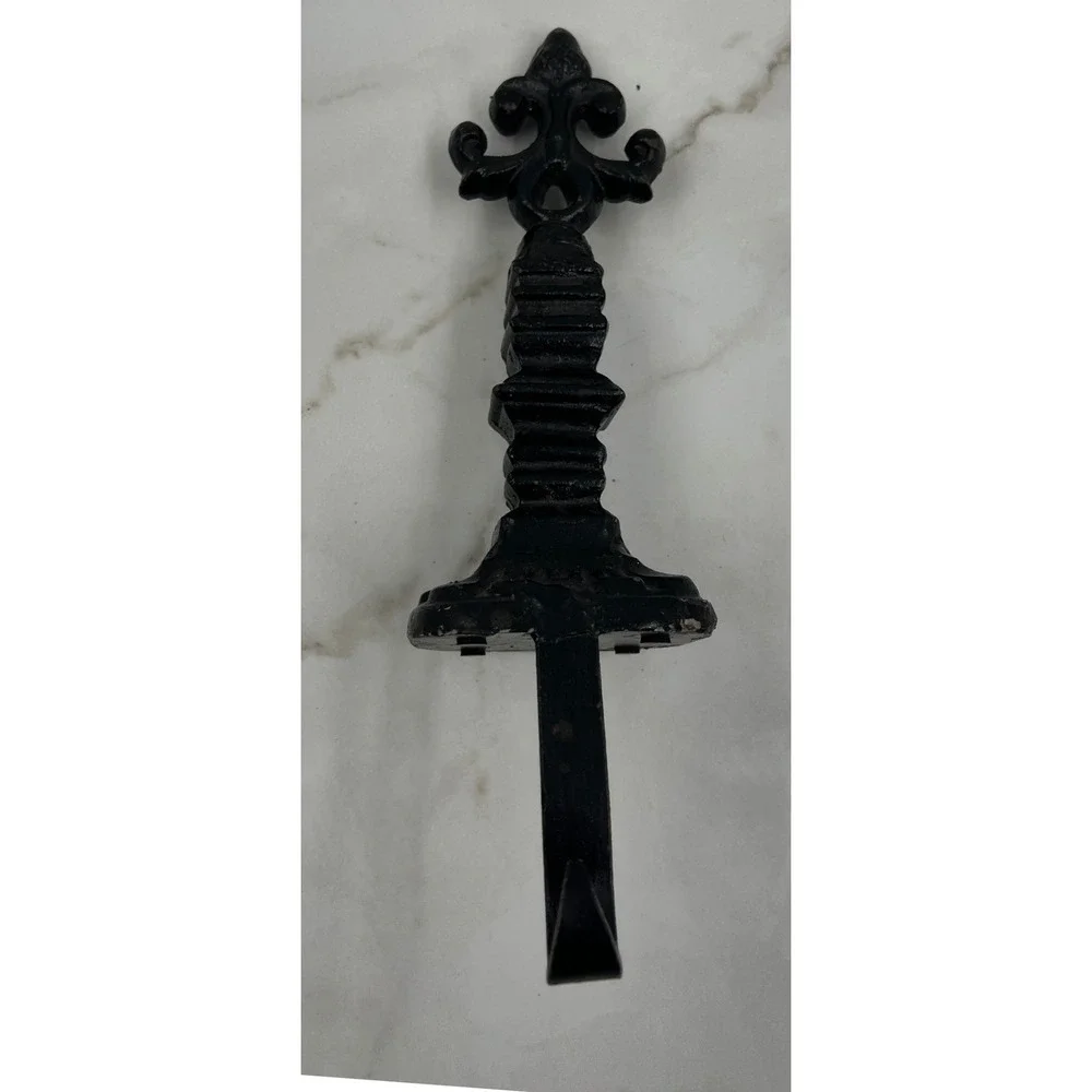 VTG Cast Iron Christmas Stocking Holder Mantel Hook Black Leaf Finial 12in